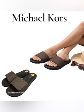 New Michael Kors Brown and Black Logo-Pattern Slide Sandals 11